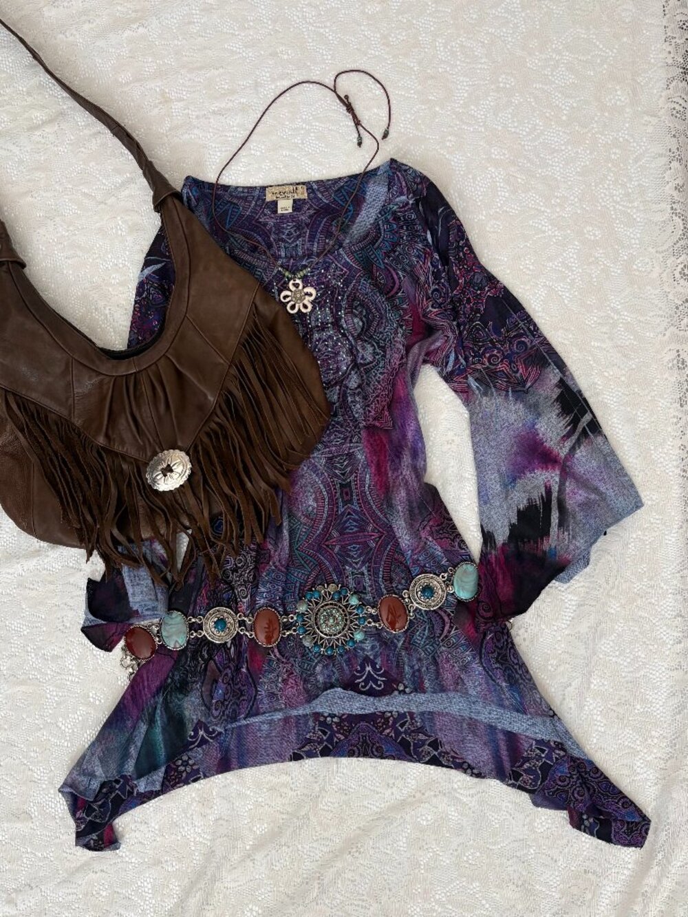 Y2K Fairy Core Boho Pink Purple Print V Neck Top w/ Bell Sleeve One World Small
